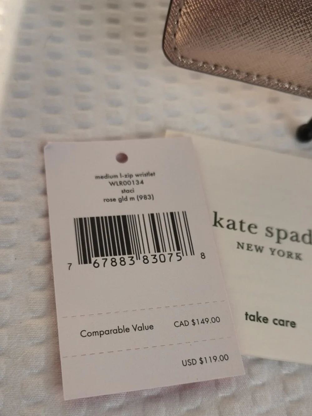 kate spade Medium L-Zip Rose Gold Metallic  Wristlet (Staci) MSRP$119 NWT